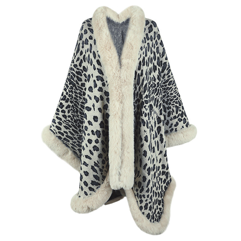 Women's Cozy Poncho with Luxurious Faux Fur Trim and Leopard Print Lune London