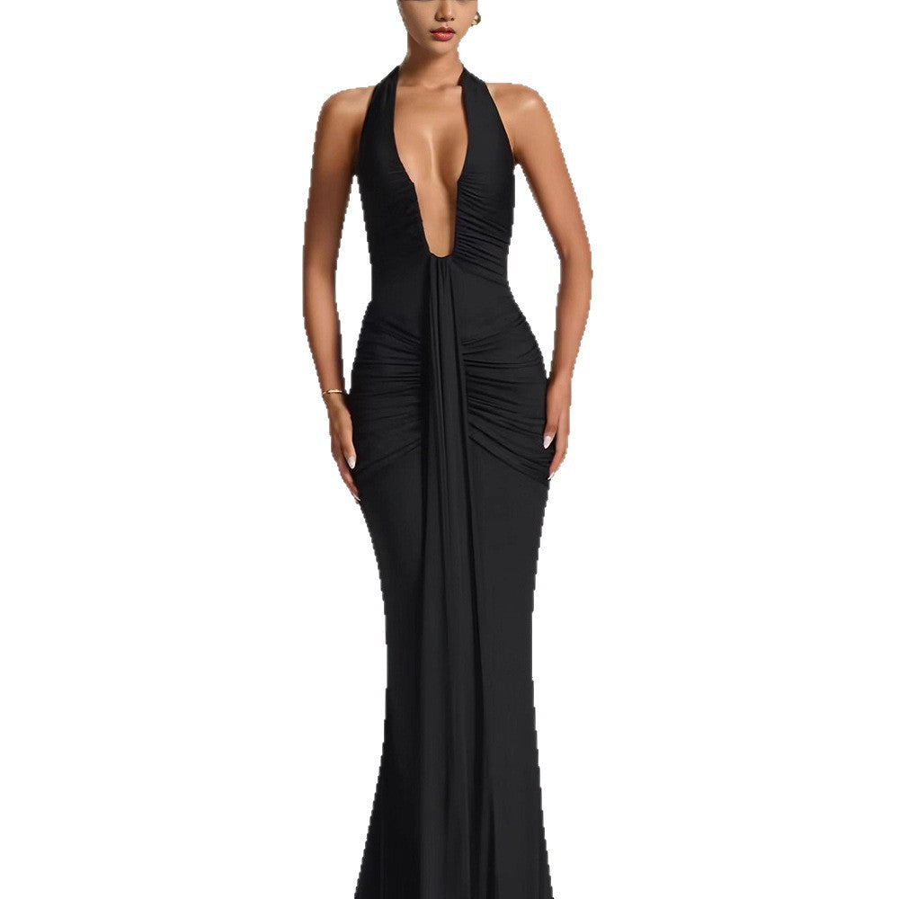 Ladies Elegant Wrap Dress with Deep V-Neck and Flowing Skirt