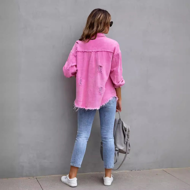 Stylish oversized denim jacket for women with distressed effect Lune London