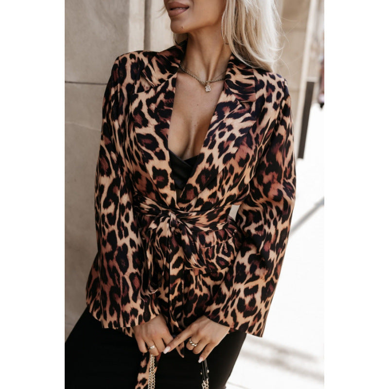 Women’s leopard print blazer jacket with tie belt Lune London