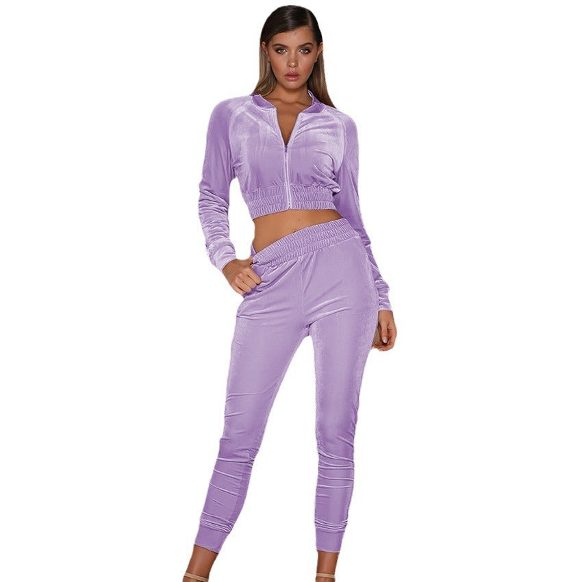 Velour tracksuit for women with high zipper and elastic waist Lune London