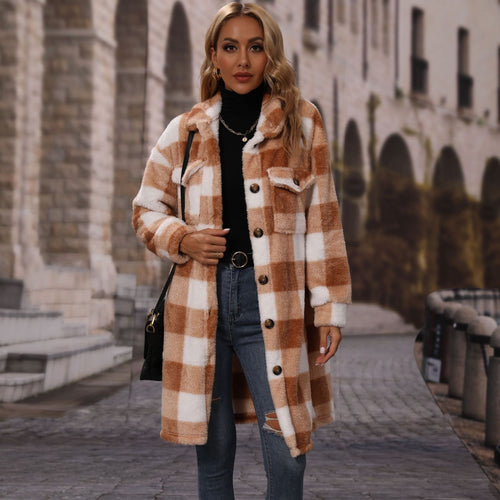 Ladies winter velvet jacket with checked design and practical pockets Lune London