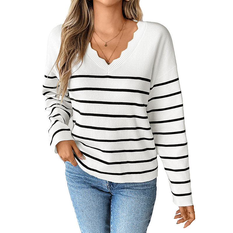 Knitted sweater for women with V-neck and trendy striped pattern Lune London