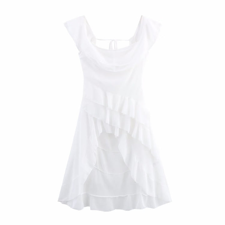 Maxi off-shoulder dress for women with voluminous ruffle details and a floating hem Lune London