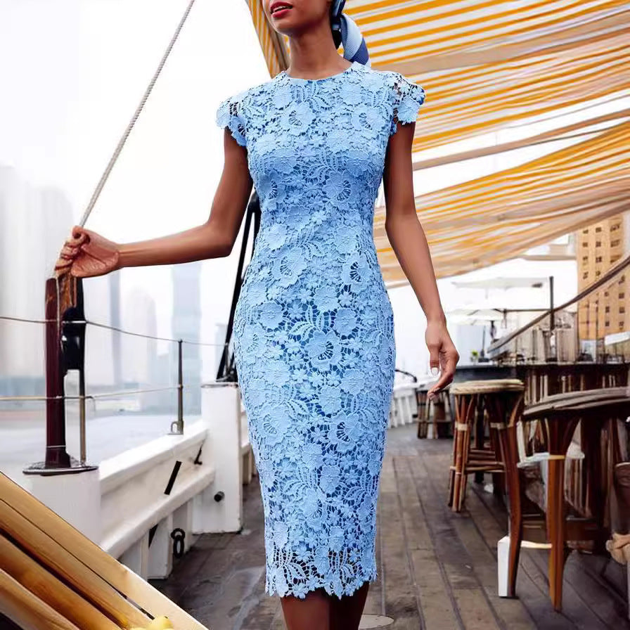 Women's sheath dress with floral lace top and figure-hugging cut Lune London