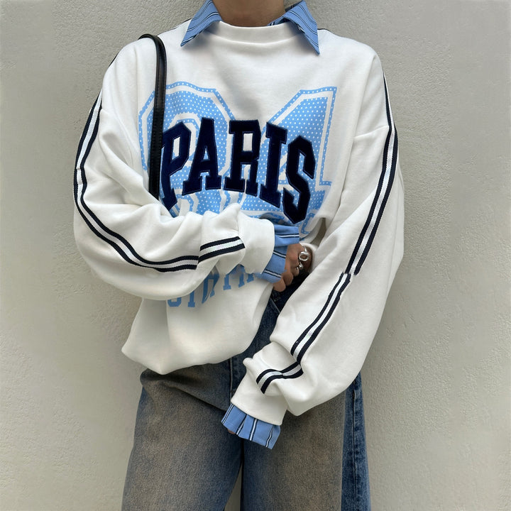 Oversized sweatshirt for women with Paris fashion print and striped accents Lune London