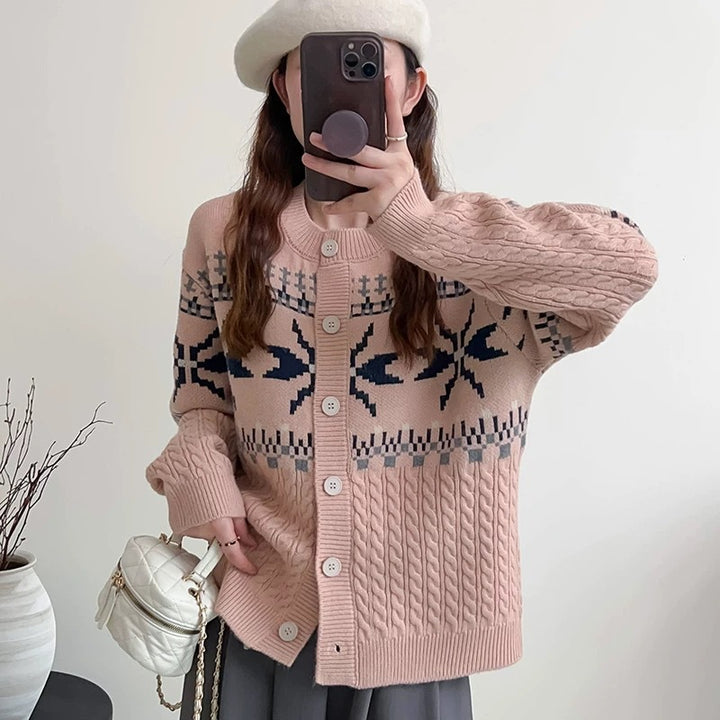 Chunky knit cardigan for women with decorative cable pattern and button details Lune London