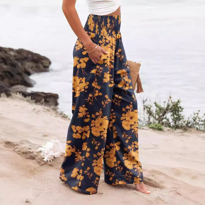 Lune London Women's Palazzo Pants with Elastic Waist and Floral Pattern