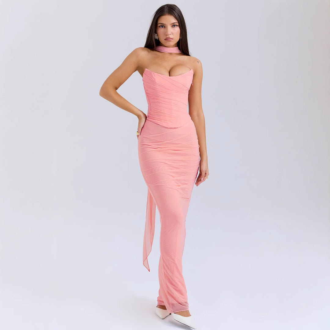 Women's form-fitting evening dress with off-shoulder design and sophisticated draping Lune London