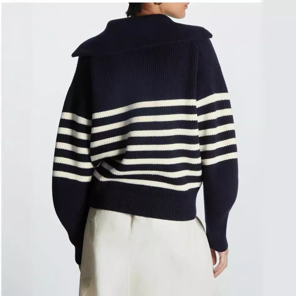 Fashion knit sweater for women with half zipper and striped design Lune London