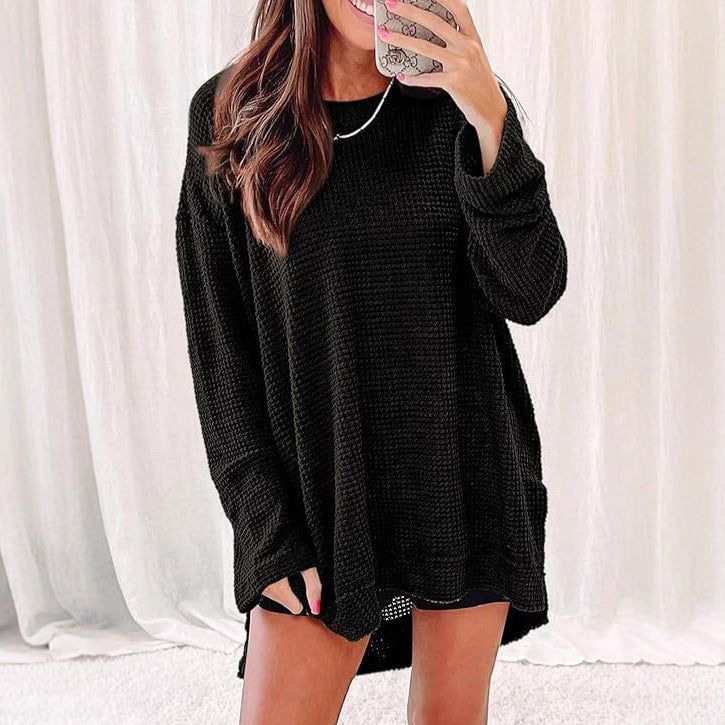 Waffle knit long sleeve sweater for women with open cut and side slits Lune London