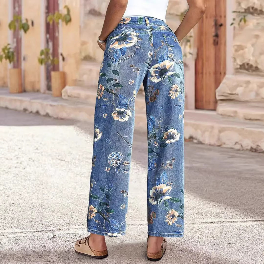 Women's Wide Cut Jeans with Floral Print and High Waist
