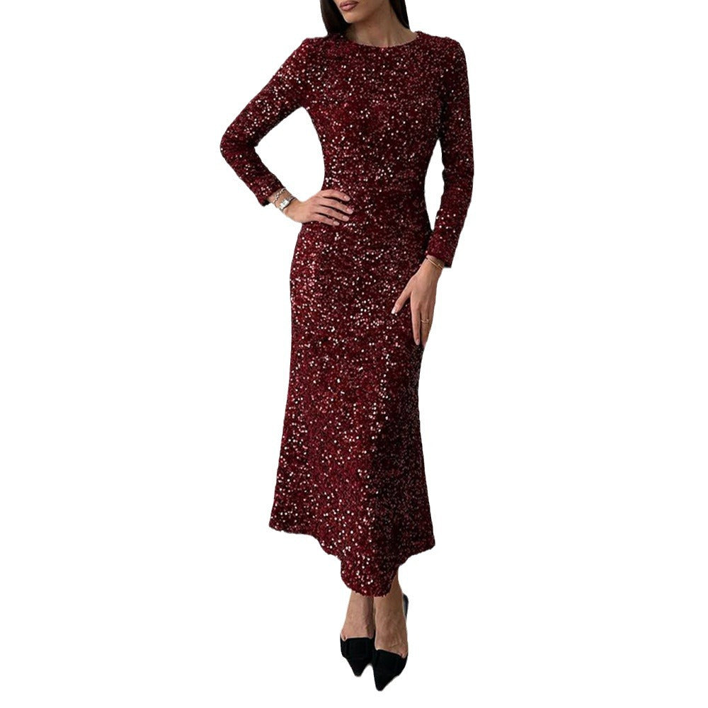 Sparkling evening dress for ladies with long sleeves and flowing hem Lune London