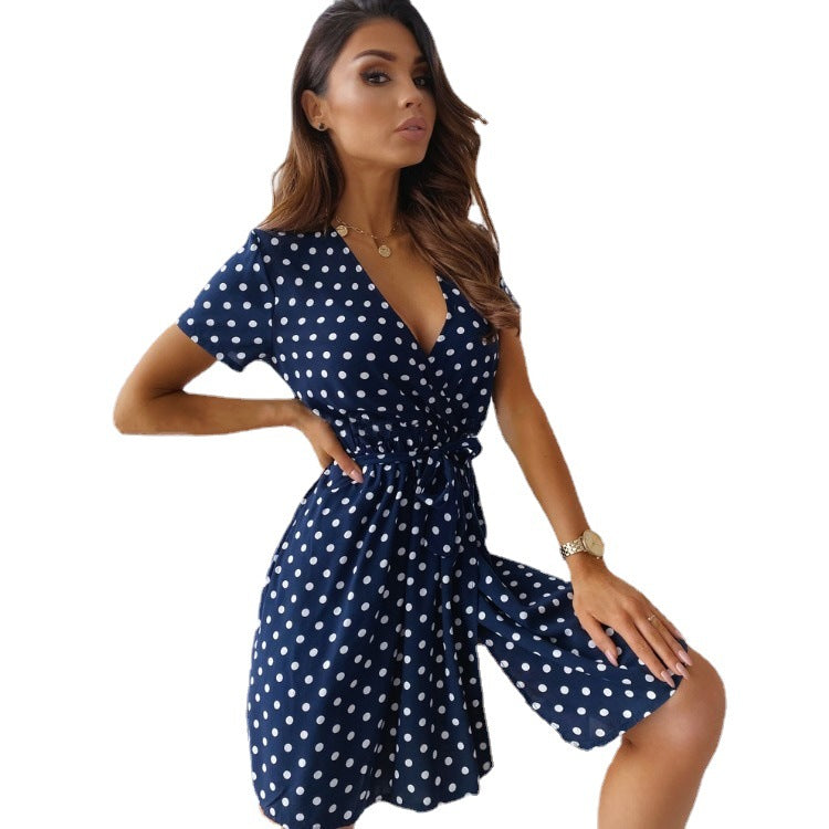 Chic and Stylish Women's Polka Dot A-Line Mini Dress with Tying Belt