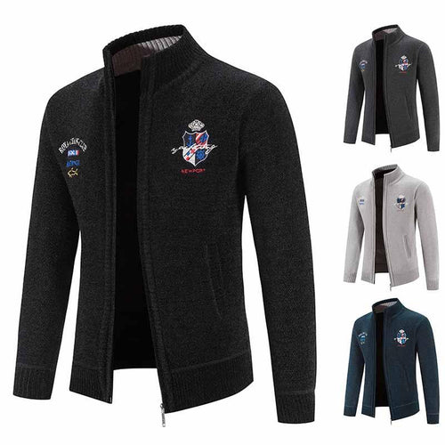 Trendy knitted jacket for men with high collar and detailed embroidery Lune London