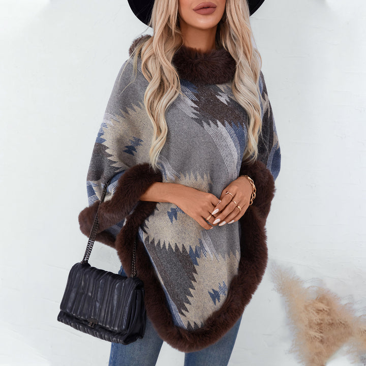 Women's plush sweater with high-quality faux fur trim and geometric pattern Lune London