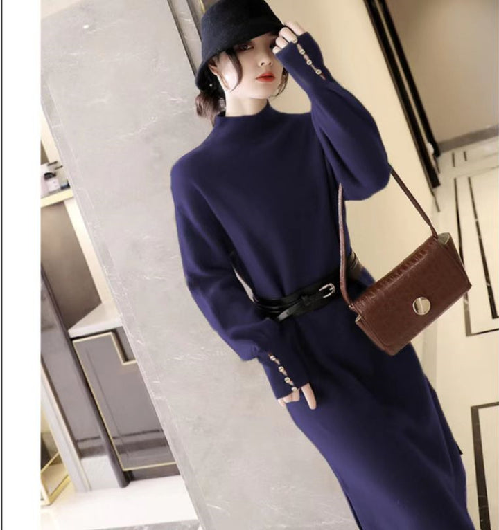 Robe en tricot pour femmes avec col montant élégant et détails de boutons à la mode Chic & Stil