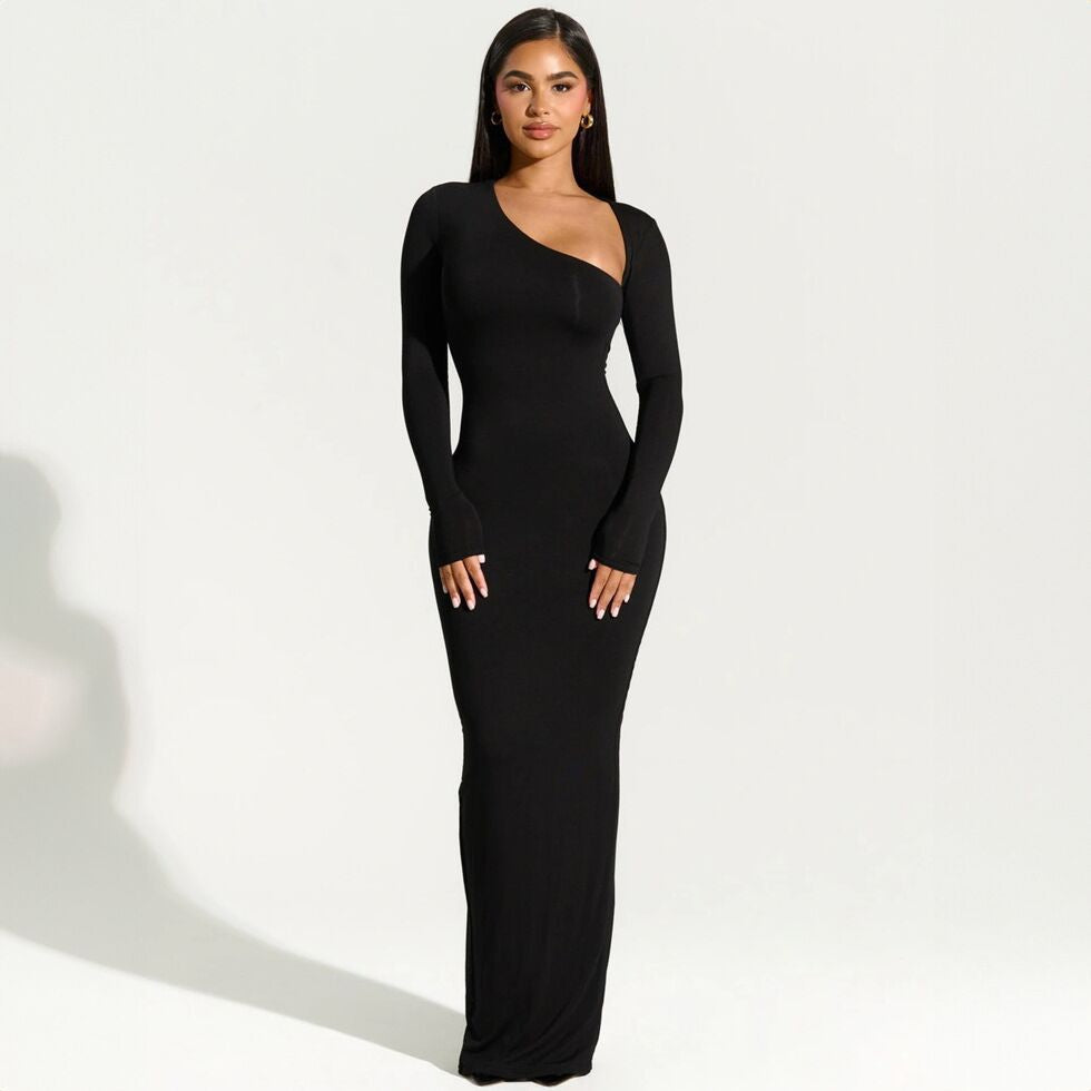 Elegant wrap maxi dress for women with asymmetric neckline Lune London