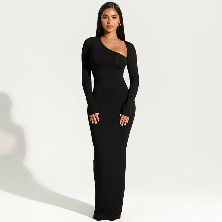 Elegant wrap maxi dress for women with asymmetric neckline Lune London