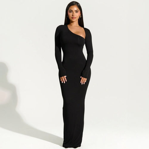 Elegant wrap maxi dress for women with asymmetric neckline Lune London