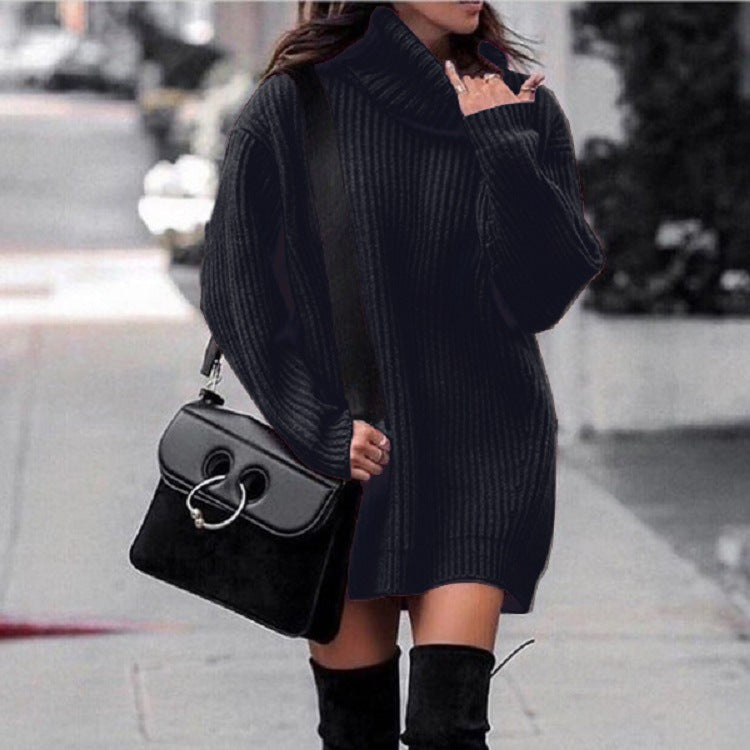 Knitted dress for women with high collar and ribbed structure Lune London