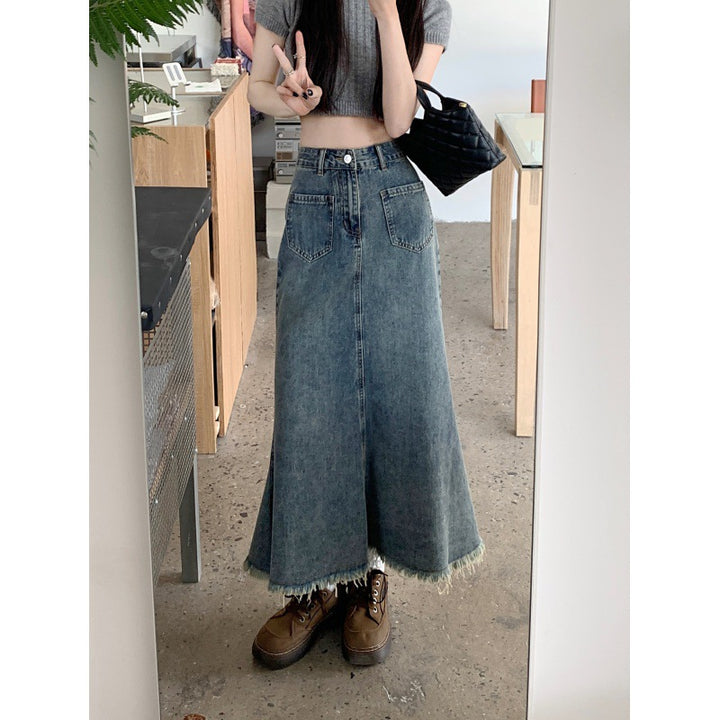 Jupe en denim longue pour femme avec ourlet effiloché Chic & Stil