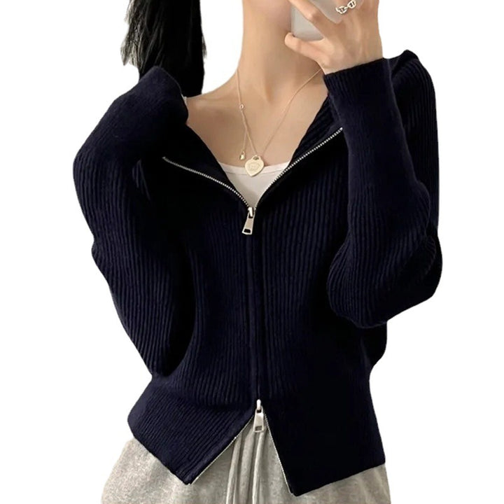 Ladies casual knit jacket with hood and zipper Lune London