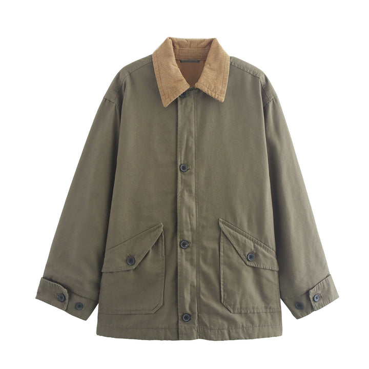 Transitional jacket for women with practical flap pockets and a corduroy collar Lune London