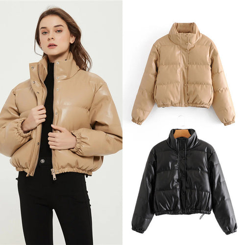 Quilted faux leather jacket for women with a high collar and elastic cuffs Lune London