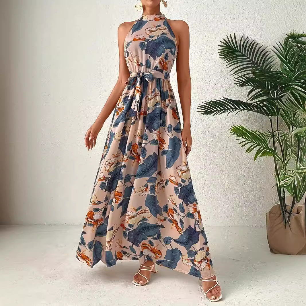 Women's Maxi Dress in Boho Style with High Collar and Tied Belt Lune London