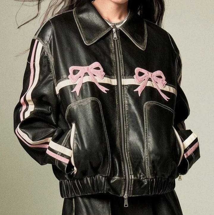 Synthetic leather jacket for women with ruffles and elastic hem Lune London