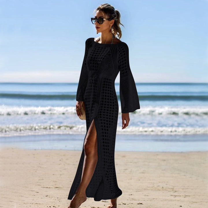 Women's Airy Crochet Beach Dress with Long Sleeves and Side Slit Lune London
