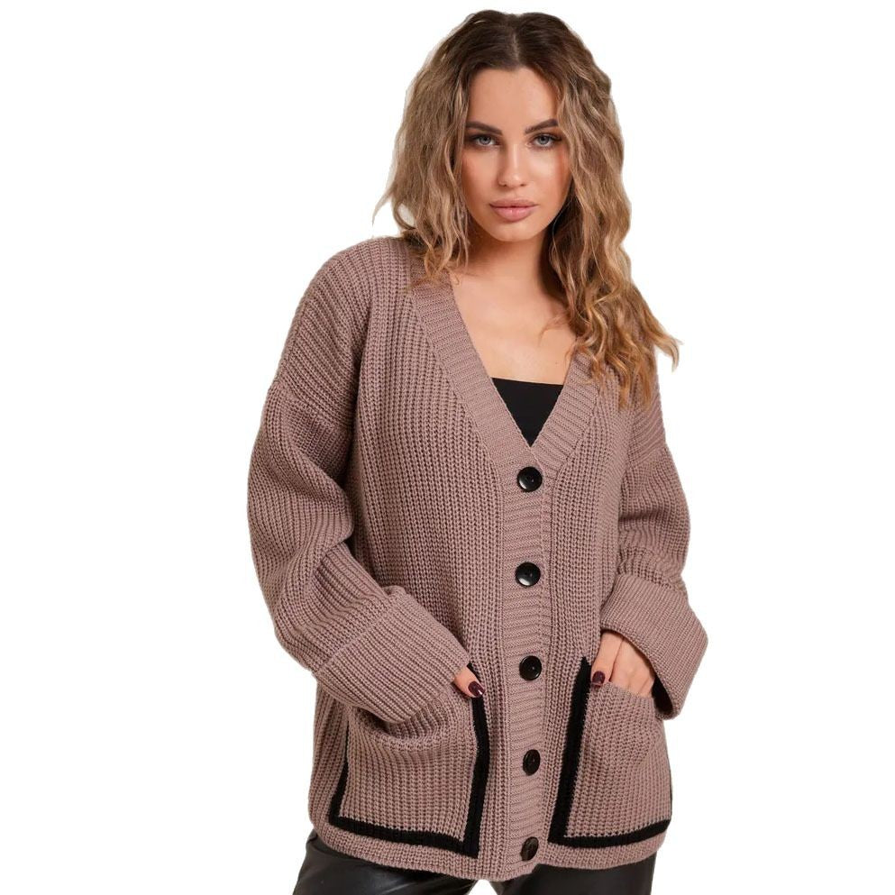 Ladies chunky knit cardigan with pockets and stylish contrasting details Lune London