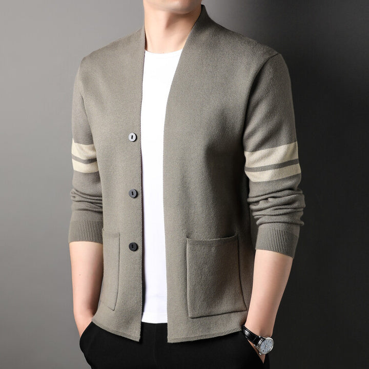 Fashion knitted cardigan for men with low collar and decorative stripes Lune London