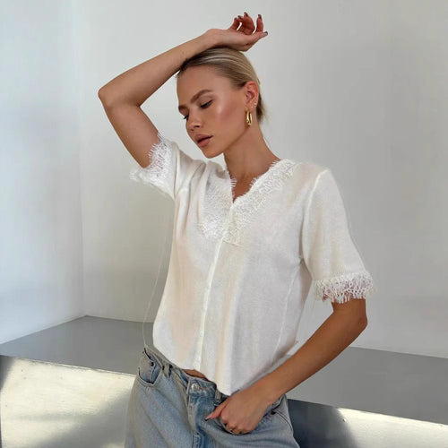 Knitted jacket for women with charming lace accents Lune London