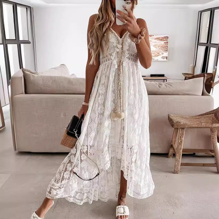 Maxi dress for women with a delicate lace pattern and playful details Lune London