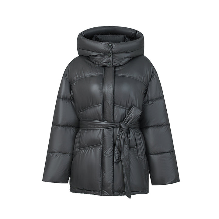 Quilted winter coat fashion for women with belt and hood Lune London