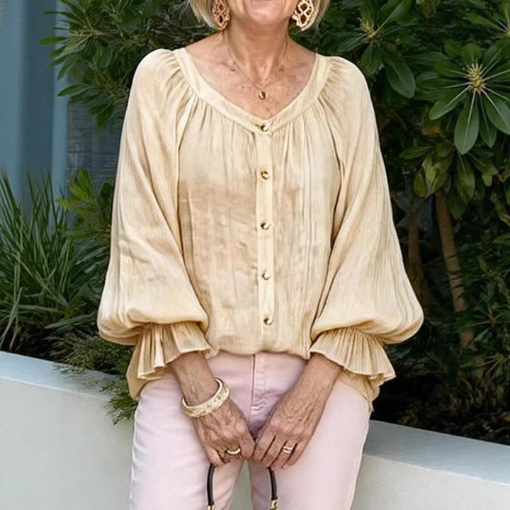Women Elegant Blouse Shirt with Ruffled Sleeves and Button Placket Lune London