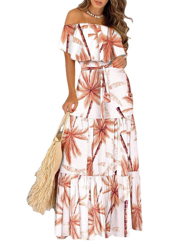 Off-shoulder maxi dress for women with flowy and asymmetrical skirt Lune London