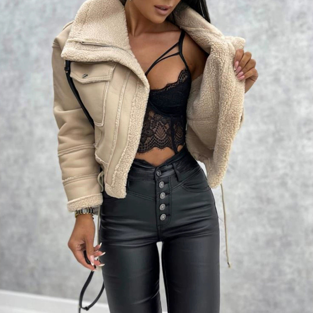 Short leather jacket for women with warm fleece lining Lune London