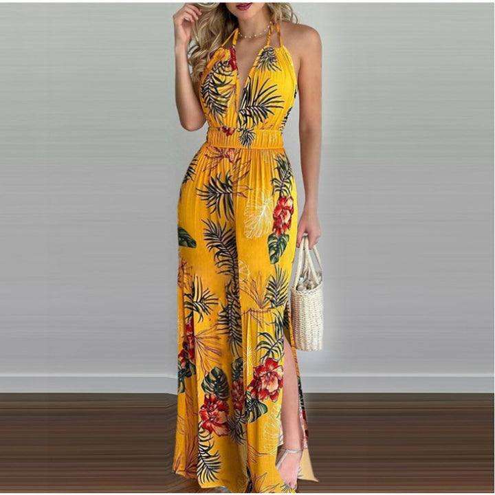 Ladies Tropical Print Jumpsuit High Split Lune London