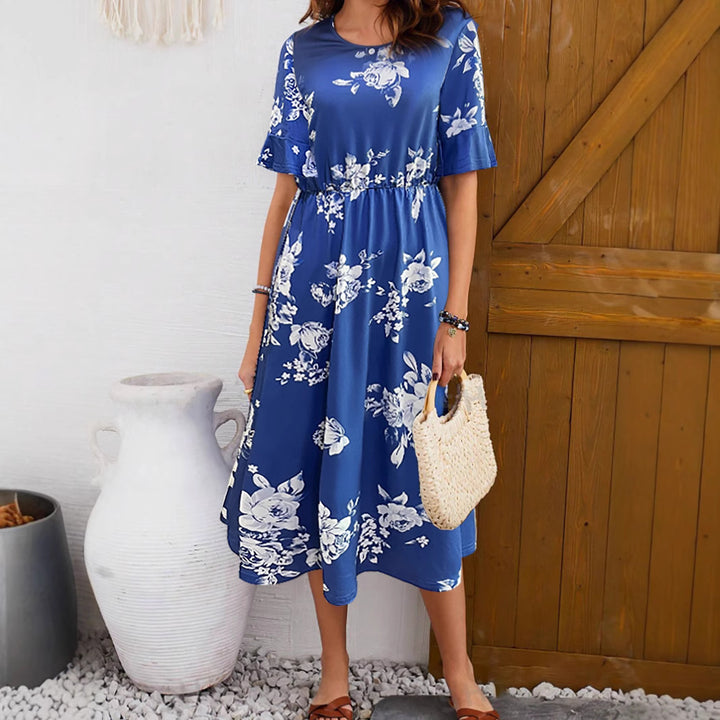 Midi dress for women with floral pattern and elastic waist Lune London