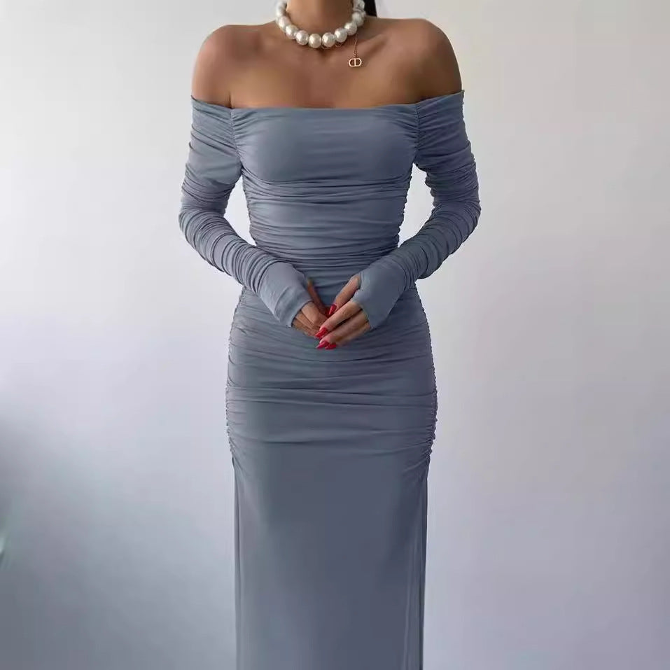 Elegant maxi dress for women with off-the-shoulder design, ruching and long sleeves Lune London
