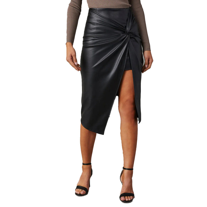 Women's faux leather skirt with asymmetrical cut and decorative knot Lune London