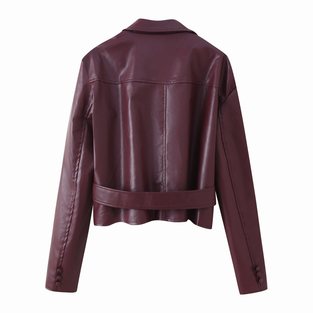 Elegant women's faux leather jacket with a fitted cut and a tied belt Lune London