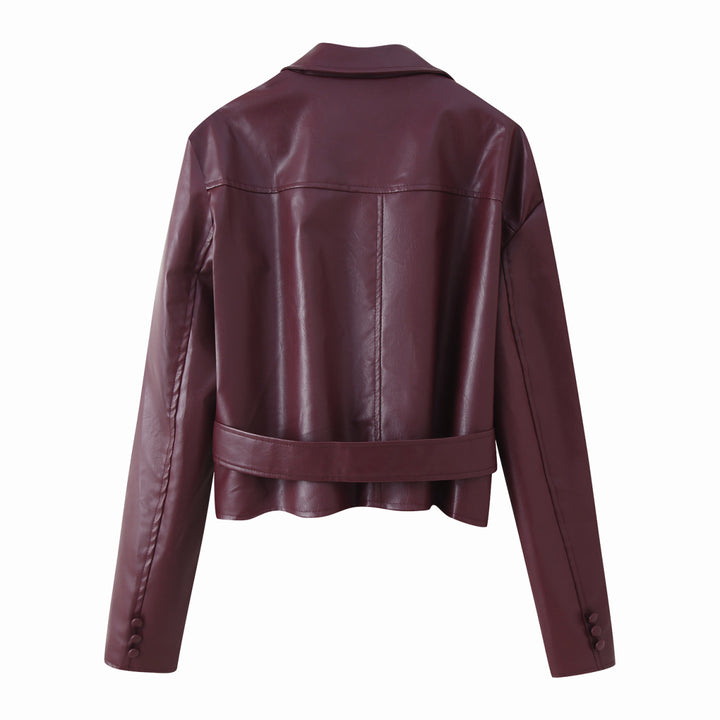 Elegant women's faux leather jacket with a fitted cut and a tied belt Lune London