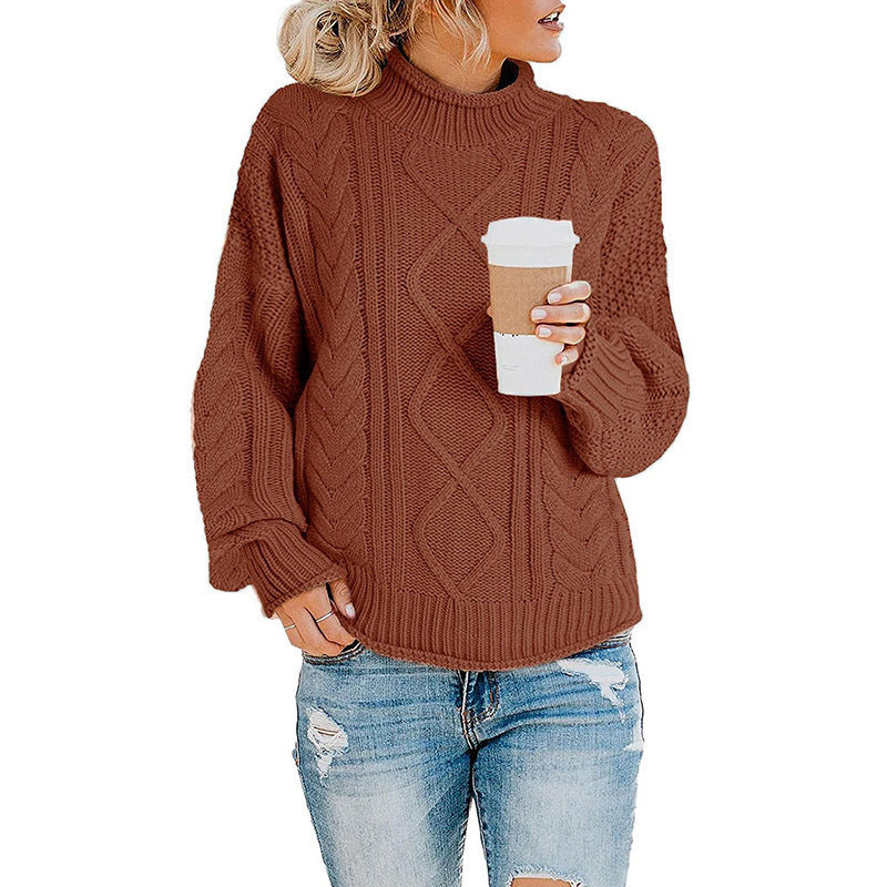 Women's knitted sweater with high collar and decorative braiding pattern Lune London