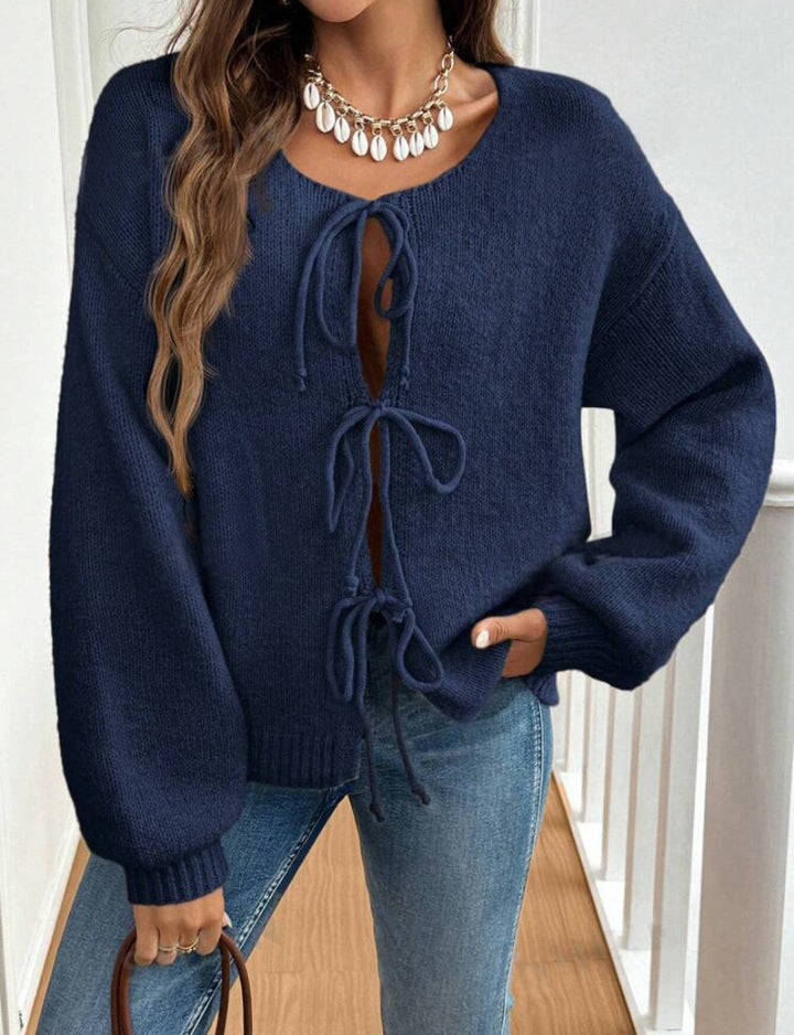 Comfortable knitted sweater for women with decorative lacing detail and wide sleeves Lune London