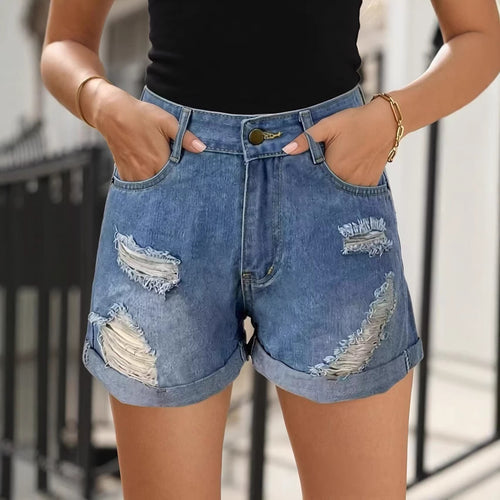 Women's destroyed denim shorts with high waist and stylish frayed look Lune London