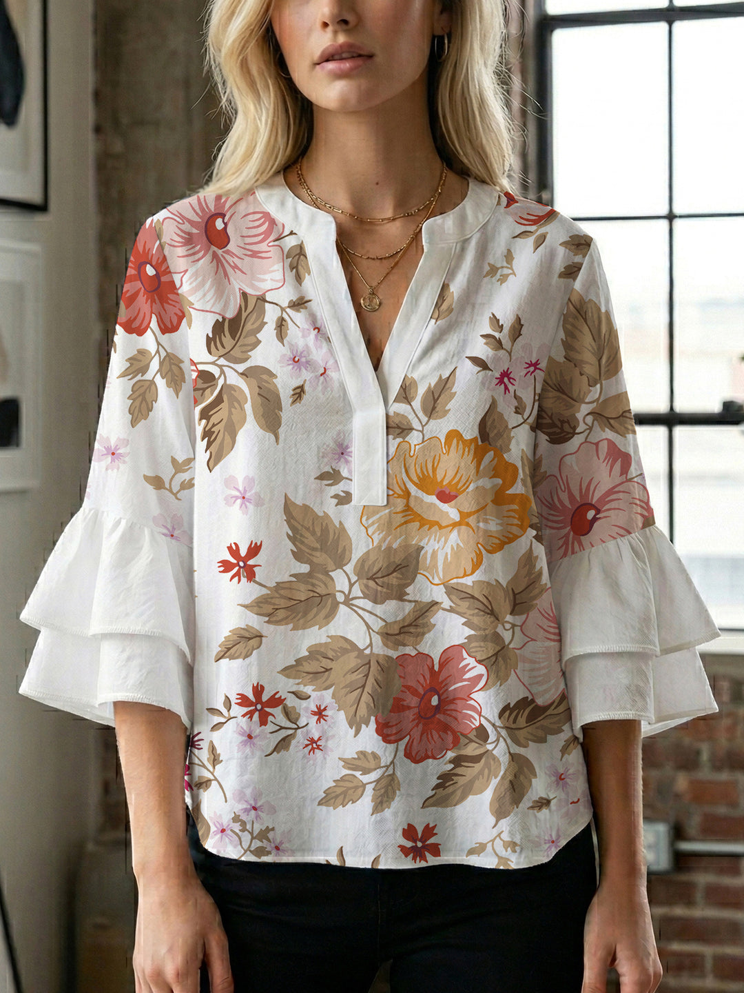 Women Elegant Top with Voluminous Puff Sleeves and Floral Print Lune London